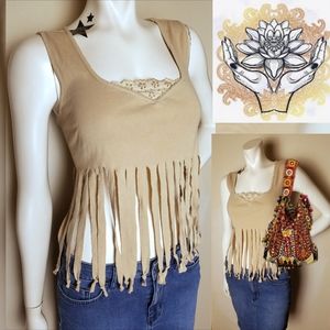 VINTAGE Fringed Cropped Boho Plus Size Tank Top Fairycore Cottagecore Tribal 1X